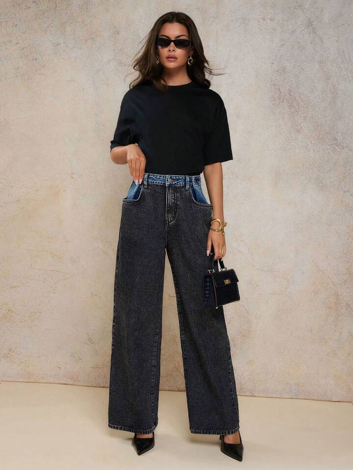 CM-BS870220 Women Casual Seoul Style Mid Waist Contrast Color Pocket Loose Straight Leg Jeans - Dark Gray