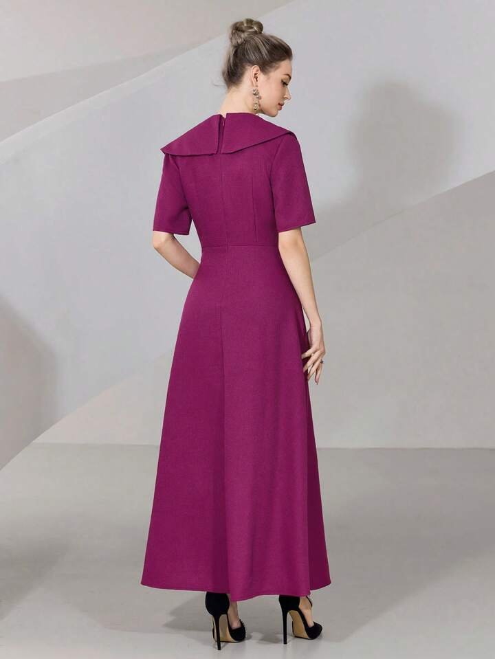 CM-DS772423 Women Elegant Seoul Style Solid Color V-Neck Short Sleeve Front Button Long Dress