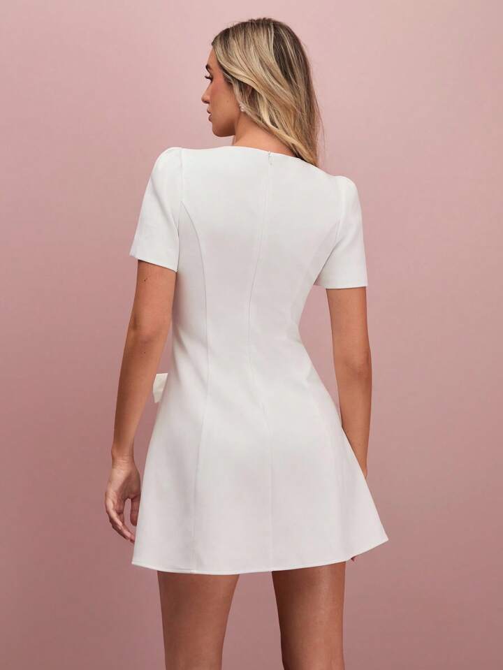 CM-DS731183 Women Elegant Seoul Style Round Neck Short Sleeve Bow Decor Mini Dress - White