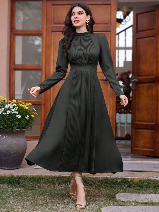 CM-DS256399 Women Elegant Seoul Style Pleated Waist Cinched Long Sleeve Maxi Dress - Black