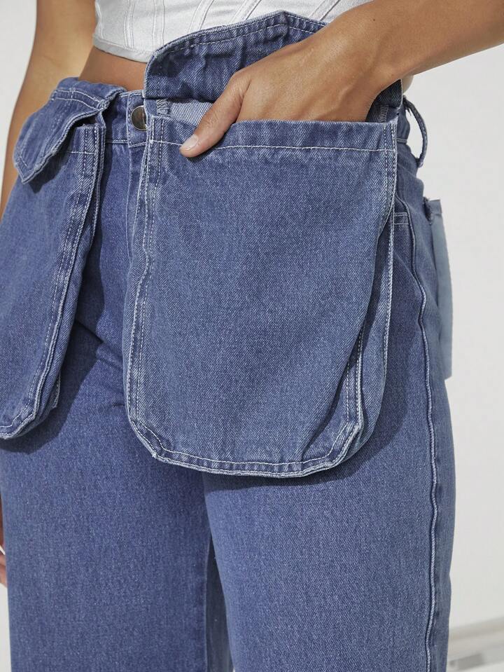 CM-BS912251 Women Casual Seoul Style Medium Wash Flap Pocket Contrast Wide Leg Jeans