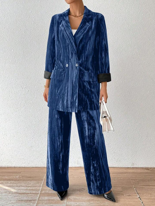 CM-SS621602 Women Elegant Seoul Style Stand Collar Long Sleeve Velvet Jacket With Straight Leg Pants Suit - Dusty Blue
