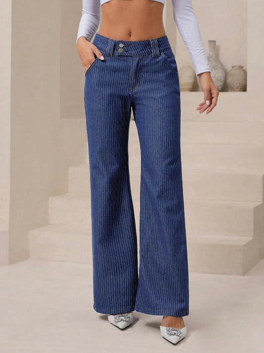 CM-BS003193 Women Casual Seoul Style Dark Wash Striped Pocket Flared Leg Jeans