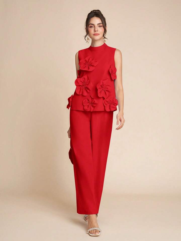 CM-SS257117 Women Elegant Seoul Style Stand Colllar Sleeveless 3D Floral Decor Top With Wide Leg Pants - Set