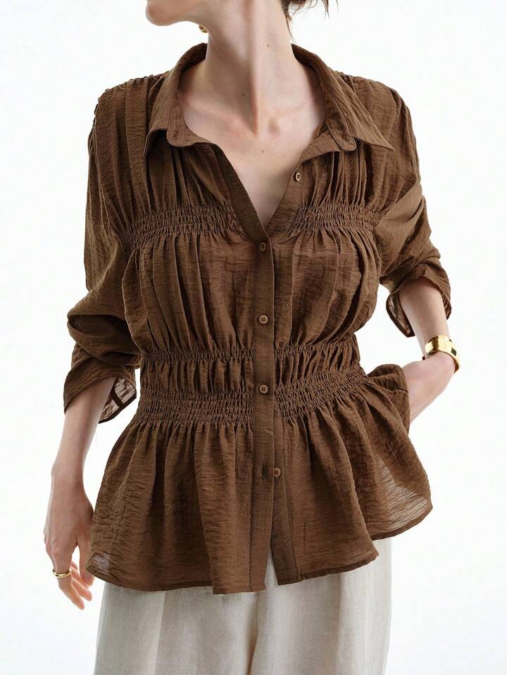 CM-TS385838 Women Elegant Seoul Style Collar Neckline Button Front Drawstring Waist Drop Shoulder Loose Blouse