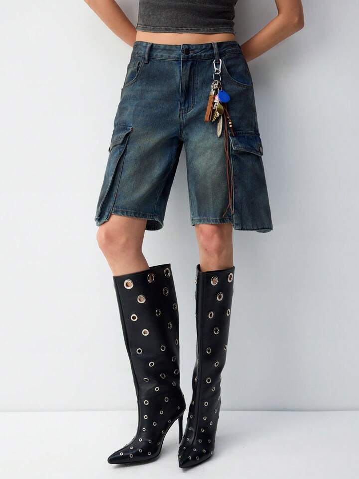 CM-BS497784 Women Casual Seoul Style Washed Drop Waist Denim Cargo Shorts - Blue