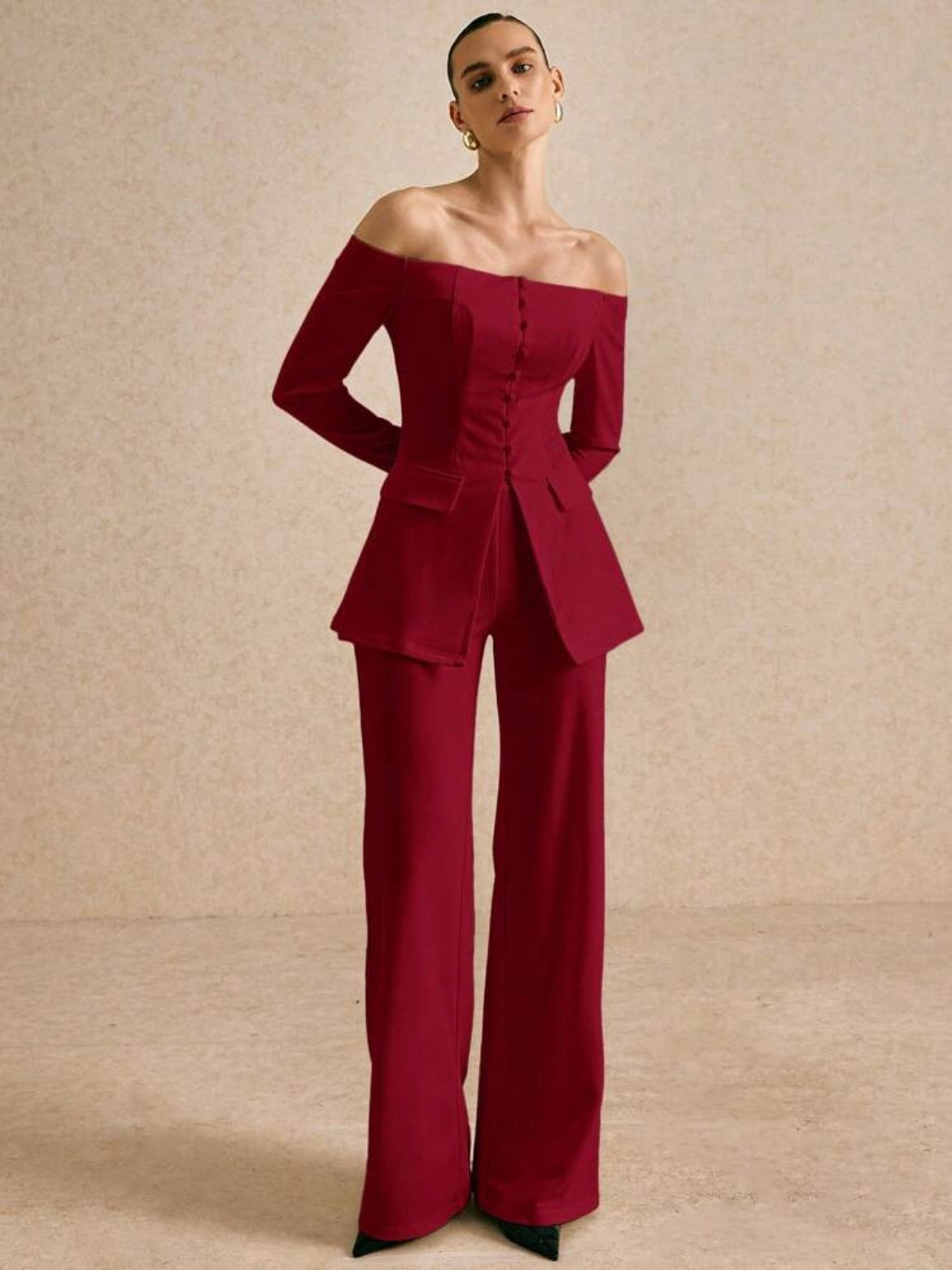CM-SS302674 Women Elegant Seoul Style Solid Color Off Shoulder Long Sleeve Single Breasted Blazer With Pants - Set