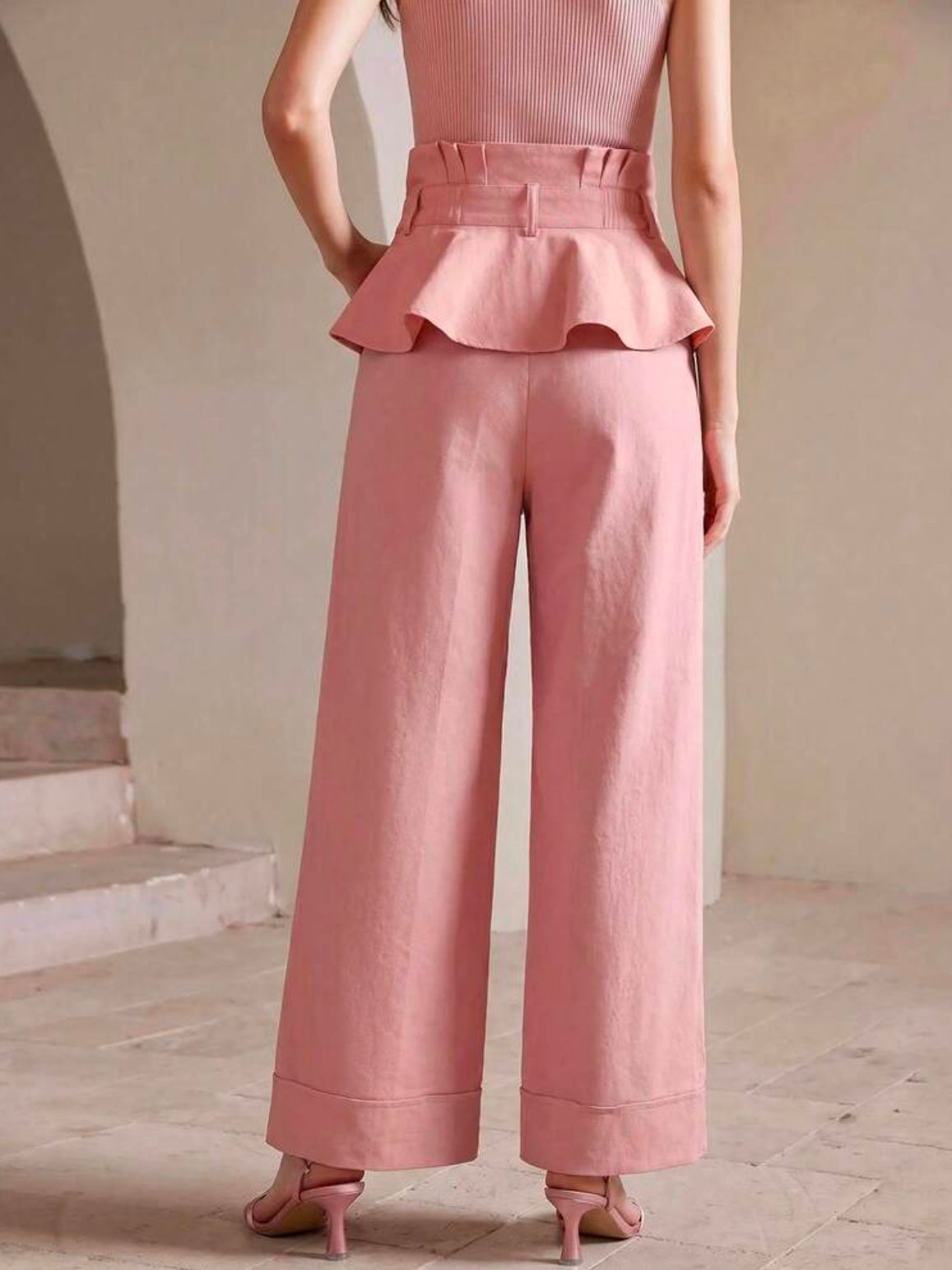 CM-BS252879 Women Elegant Seoul Style Pleated High-Waist Ruffle Hem Wide Leg Jeans - Pink