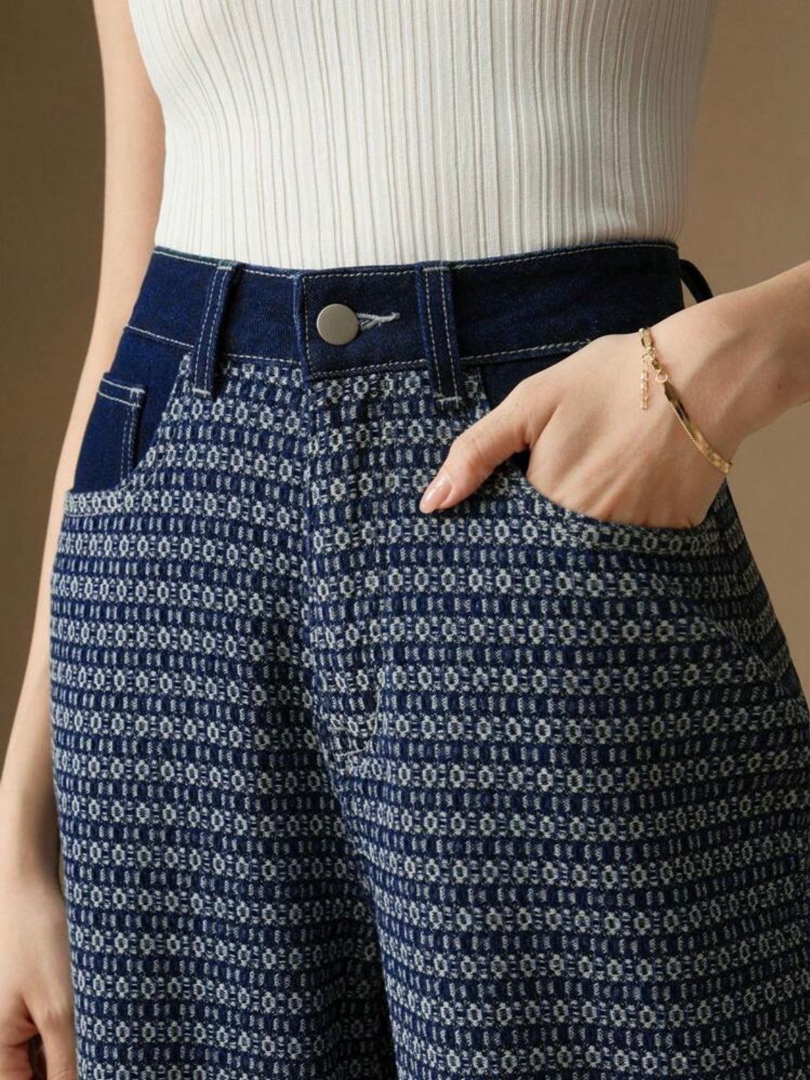 CM-BS572092 Women Casual Seoul Style Colorblock Jacquard Loose Wide-Leg Jeans - Dark Blue