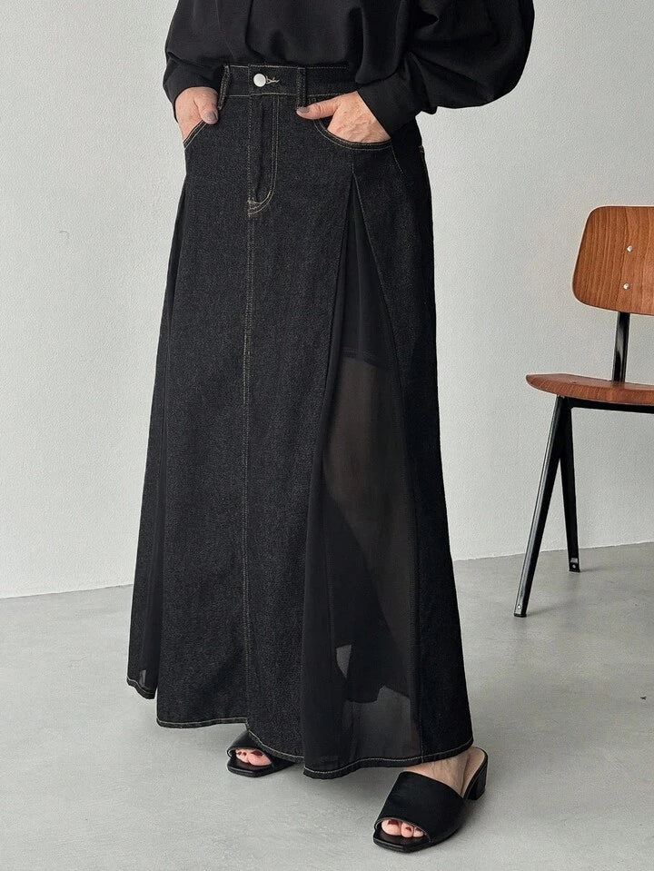 CM-BS090791 Women Casual Seoul Style Solid Color Mid Waist Slit Sheer Denim Maxi Skirt - Black