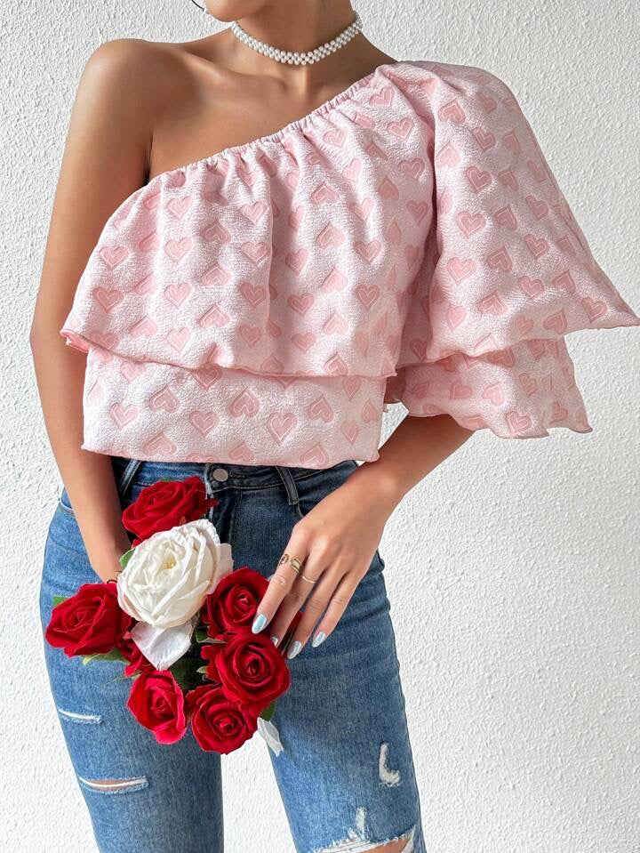 CM-TS298526 Women Casual Seoul Style Heart Shaped Design Oblique Shoulder Blouse