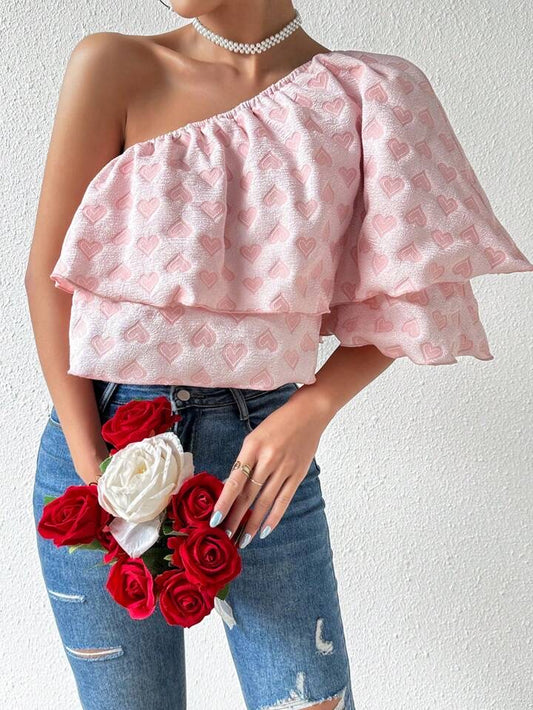 CM-TS298526 Women Casual Seoul Style Heart Shaped Design Oblique Shoulder Blouse