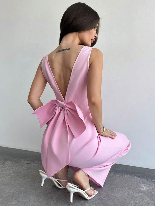 CM-JS255200 Women Elegant Seoul Style Deep V-Neck Sleeveless Backless Bow Loose Straight Jumpsuit