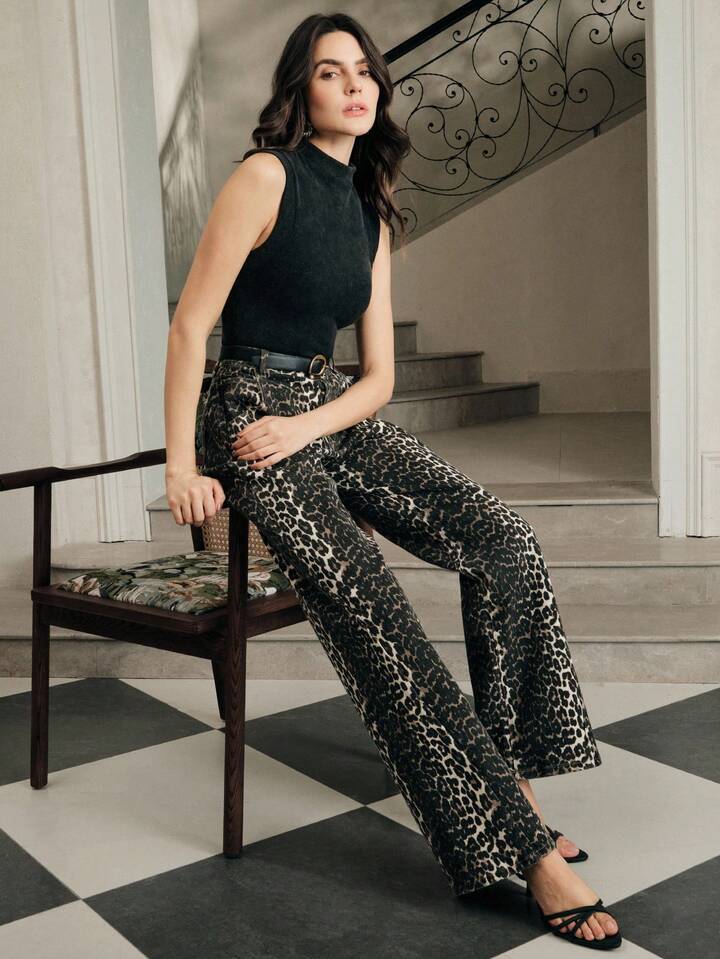 CM-BS954495 Women Elegant Seoul Style High Waist Pockets Leopard Print Wide Leg Loose Jeans - Coffee Brown