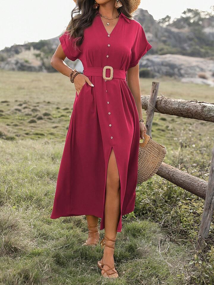 CM-DS880032 Women Trendy Bohemian Style Collar Neckline Batwing Sleeve Dress - Burgundy