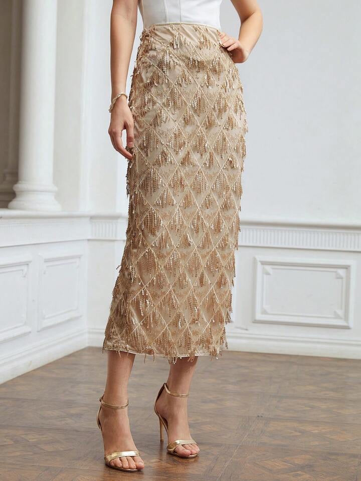 CM-BS966127 Women Elegant Seoul Style Premium Sequin Fringe Midi Skirt - Khaki