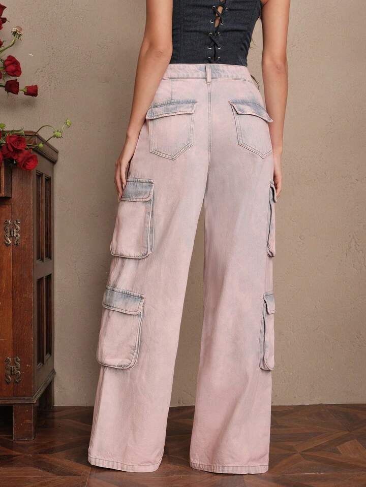 CM-BS445459 Women Casual Seoul Style Mid Waist Tie Dye Straight-Leg Cargo Jeans - Pink