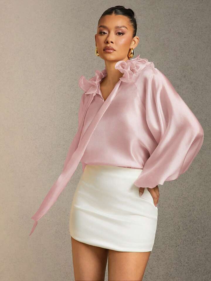 CM-TS725292 Women Elegant Seoul Style Solid Color Ruffle Trim Tie Neck Lantern Sleeve Blouse - Dusty Pink