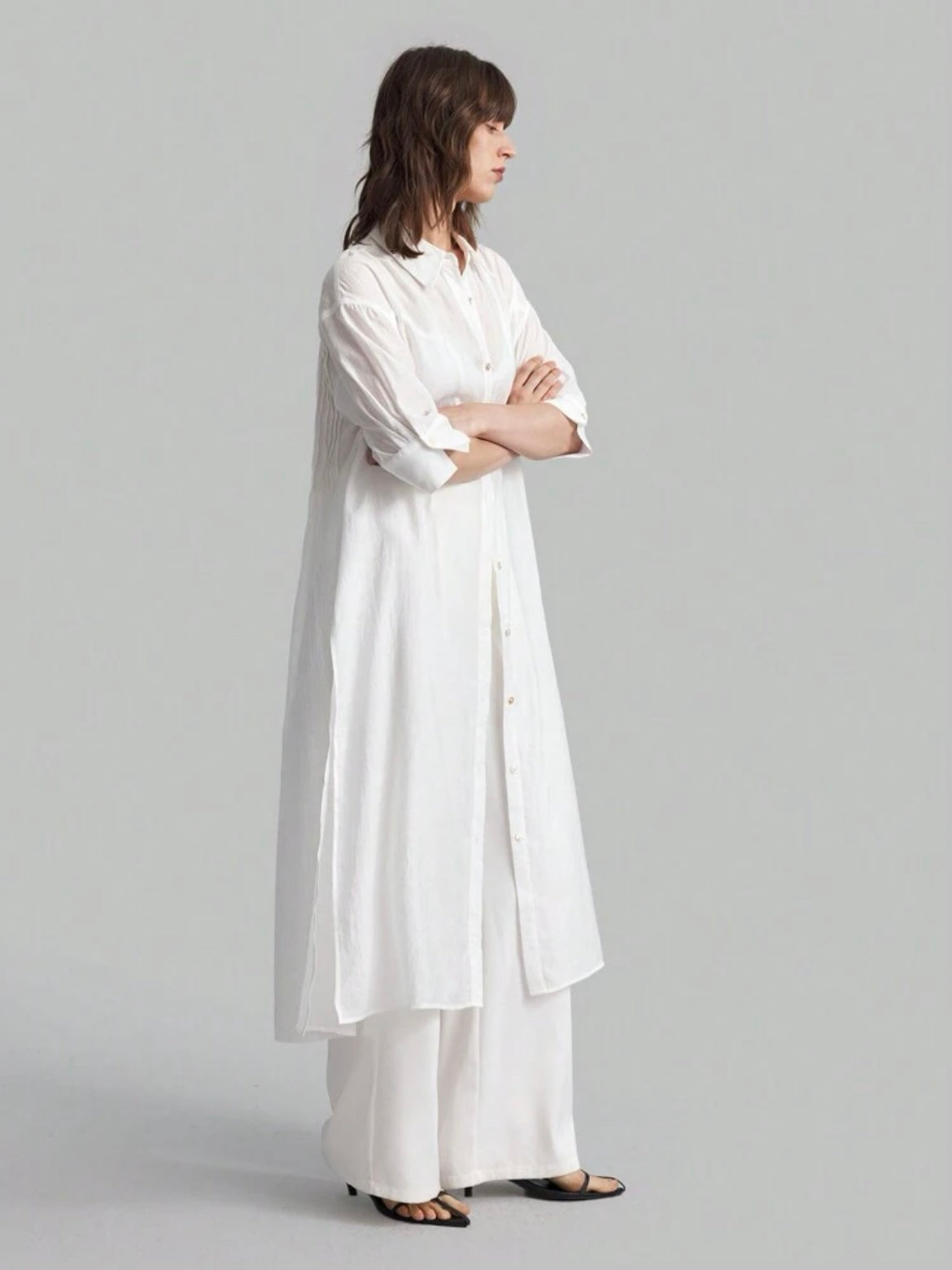 CM-TS582370 Women Casual Seoul Style Drop-Shoulder Long-Sleeve Half-Transparent Split Long Shirt