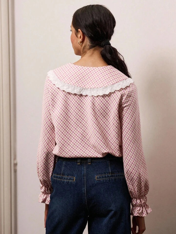 CM-TS124165 Women Casual Seoul Style Lace-Trimmed Peter Pan Collar Ruched Long Sleeve Gingham Blouse - Pink