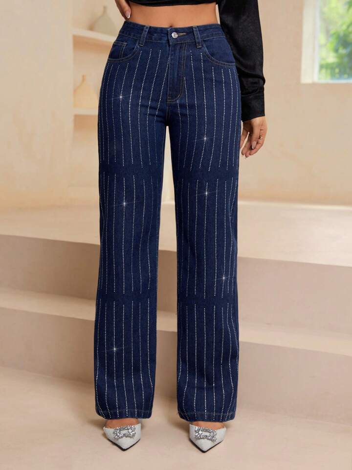 CM-BS041331 Women Casual Seoul Style Dark Wash Rhinestone Embellished Straight-Leg Jeans
