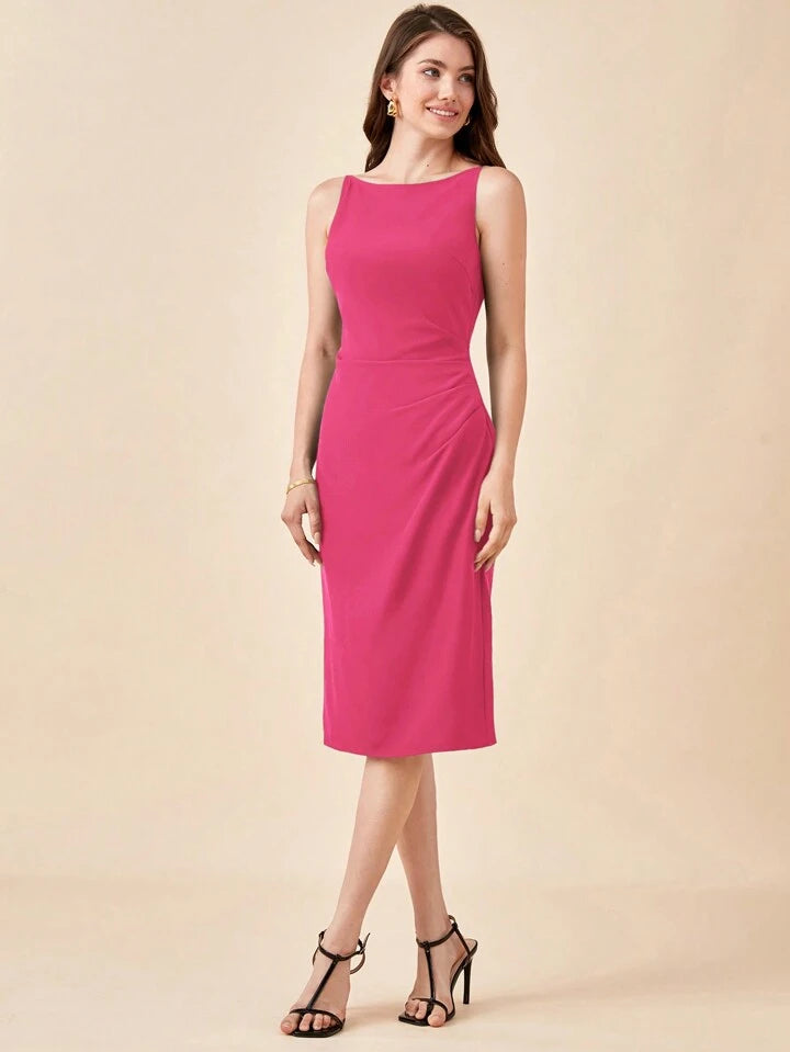 CM-DS850959 Women Elegant Seoul Style Round Neck Spaghetti Strap Midi Dress - Hot Pink