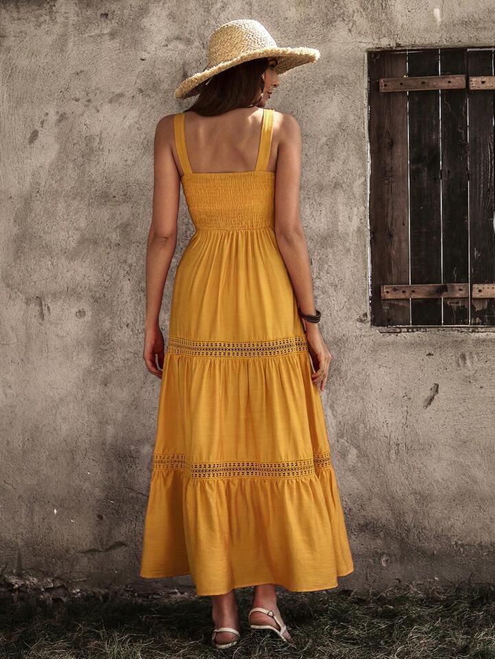 CM-DS450512 Women Trendy Bohemian Style Monochrome Lace Patchwork Suspender Dress - Mustard Yellow