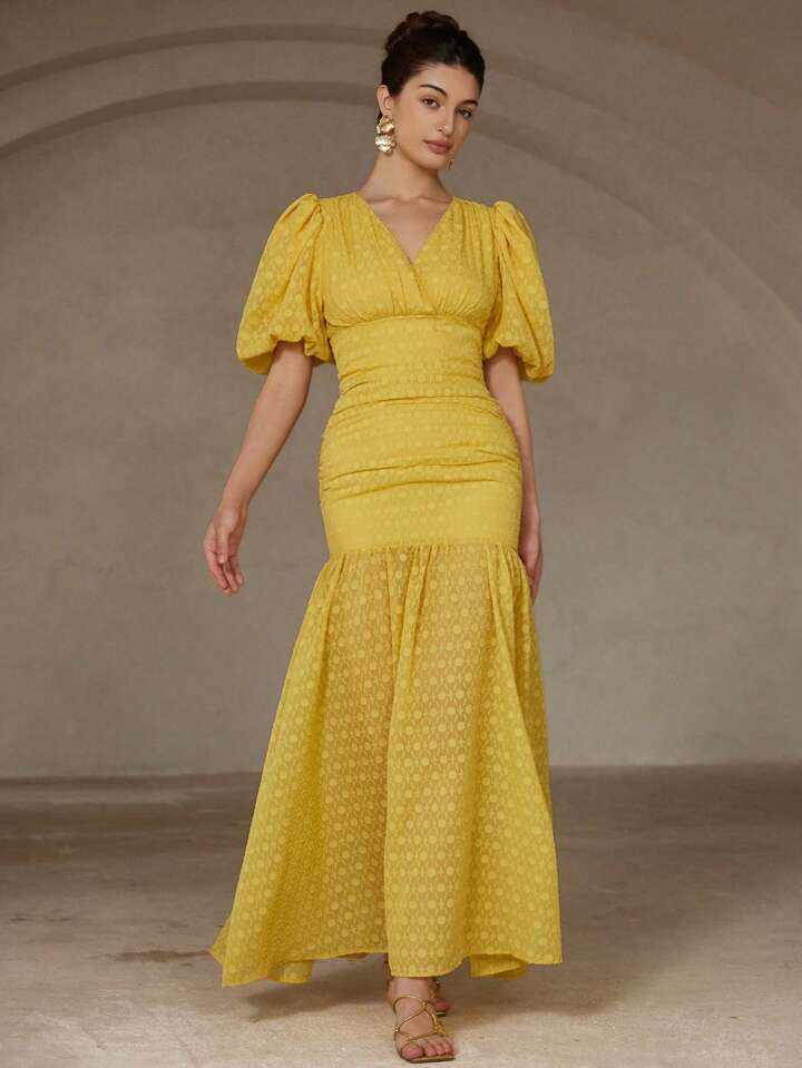 CM-DS315420 Women Elegant Seoul Style Chiffon Cut-Out V-Neck Puff Sleeve Ruffle Bodycon Dress - Yellow