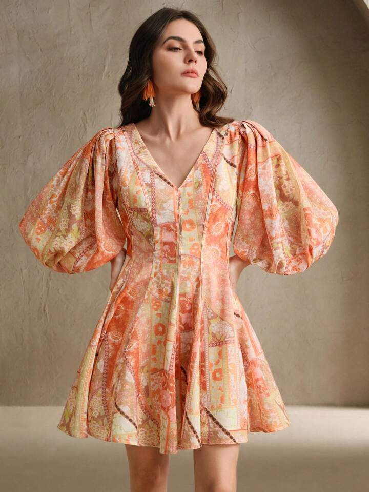 CM-DS483688 Women Trendy Bohemian Style V-Neck Paisley Floral Print Puff Sleeve Linen Short Dress