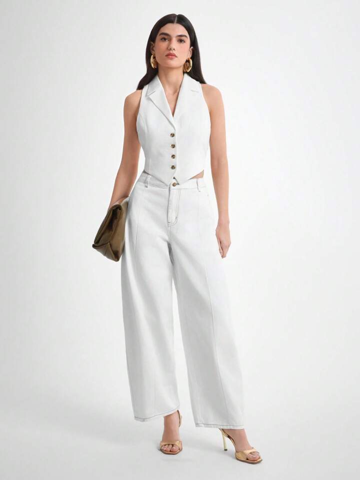 CM-BS811130 Women Casual Seoul Style High Waist Baggy Wide Leg Jeans - White