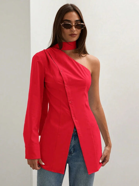 CM-TS870822 Women Casual Seoul Style Asymmetric Collar One Shoulder Long Sleeve Blouse - Red
