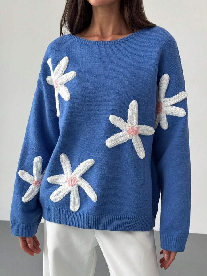 CM-CS548363 Women Casual Seoul Style 3D Floral Decoration Loose Fit Long Sleeve Sweater - Blue