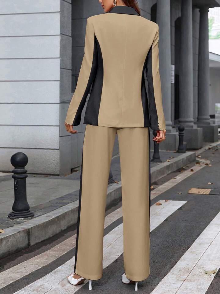 CM-SS512209 Women Elegant Seoul Style Contrast Color Lapel Neckline Long Sleeve Blazer With Suit Pants - Set