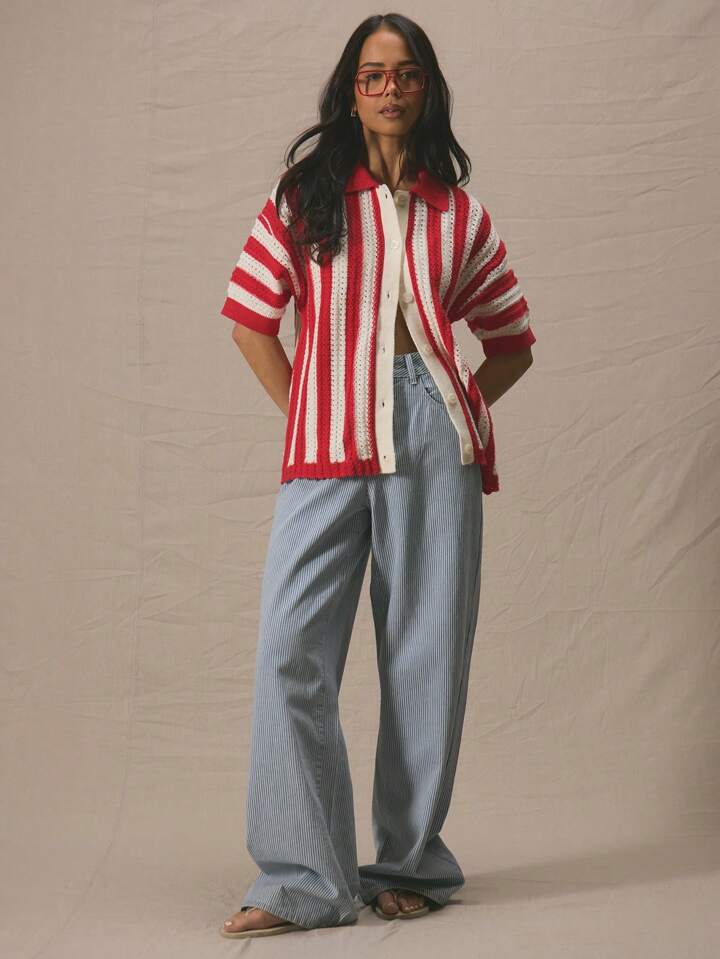 CM-CS831167 Women Casual Seoul Style Striped Drop Shoulder Button Through Short Sleeve Cardigan