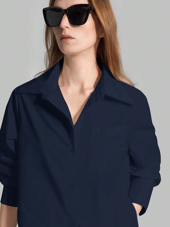CM-TS896861 Women Casual Seoul Style Shirt Collar Long Sleeve Front Button High Slit Long Shirt - Navy Blue