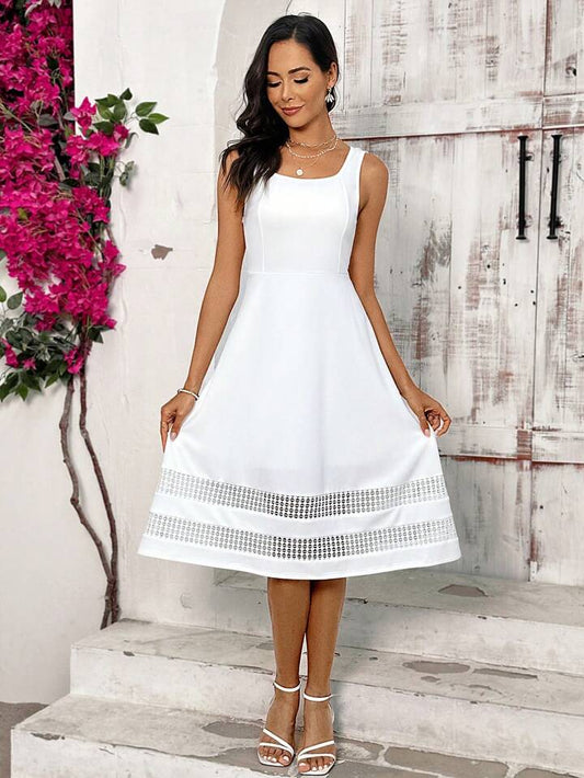 CM-DS445612 Women Casual Seoul Style Scoop Neck Sleeveless Lace Splice A-Line Dress - White