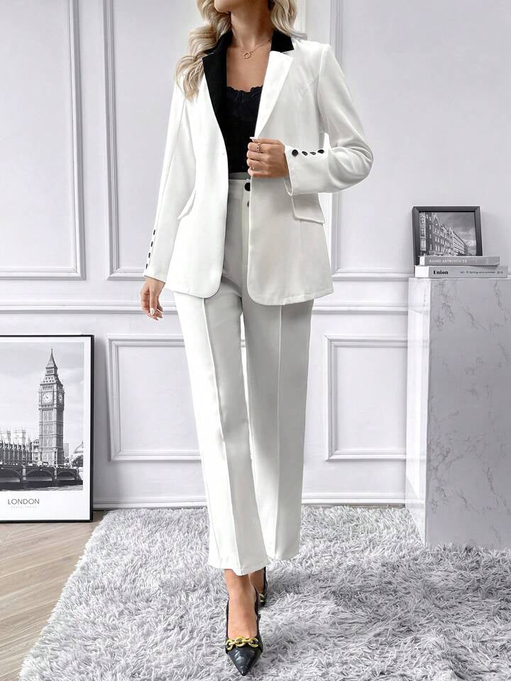 CM-SS451228 Women Elegant Seoul Style Contrast Collar Flap Detail Blazer With Pants Suit - White