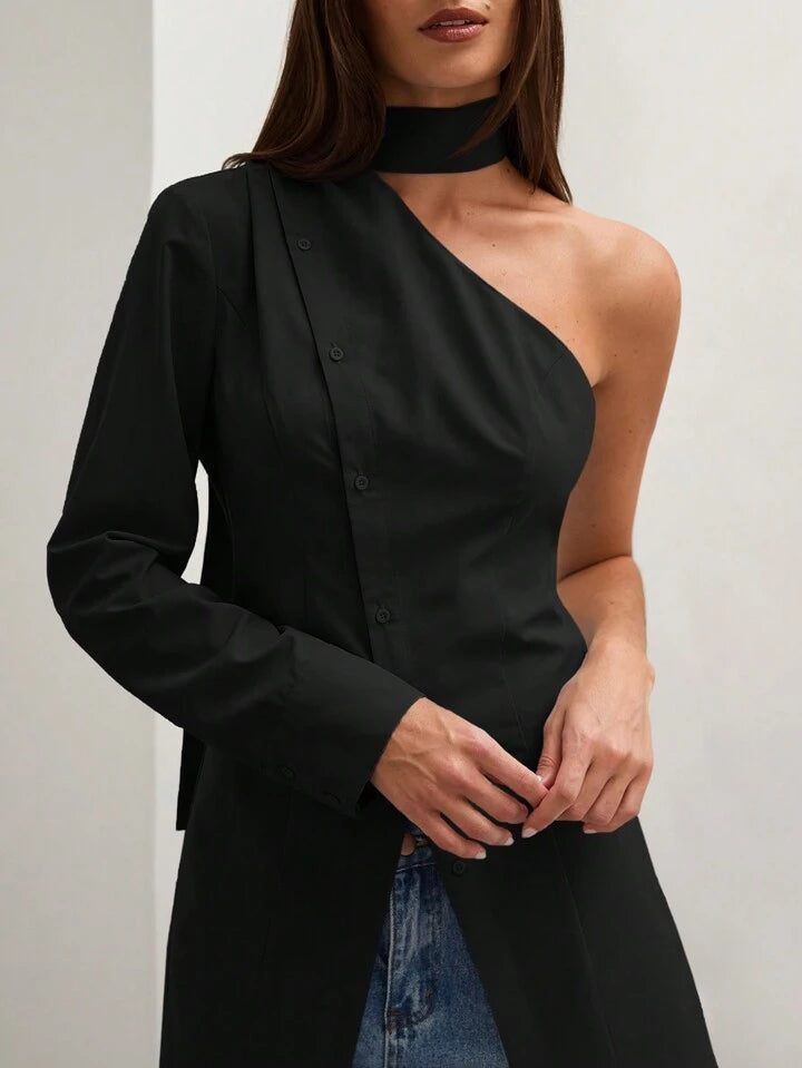 CM-TS888214 Women Casual Seoul Style Asymmetric Collar One Shoulder Long Sleeve Blouse - Black