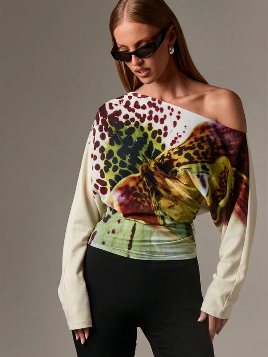 CM-TS877680 Women Casual Seoul Style Floral Pattern Design Long Sleeve Asymmetrical Off Shoulder Blouse