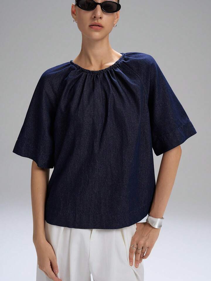 CM-TS435444 Women Casual Seoul Style Drawstring Round Neck 3/4 Sleeve Denim Loose Blouse - Blue
