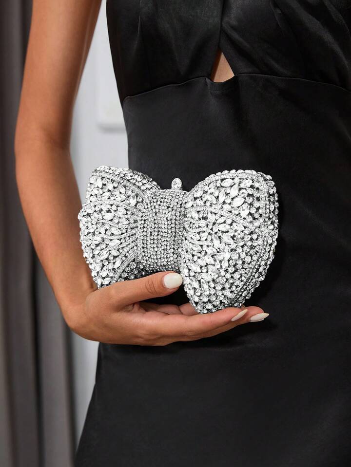 CM-BGS200126 Women Trendy Seoul Style Handmade Rhinestone Embellished Bow Clutch Purse - Silver