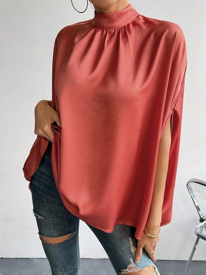 CM-TS713863 Women Casual Seoul Style Stand Collar Tie Back Batwing Sleeve Shirt - Rose Red