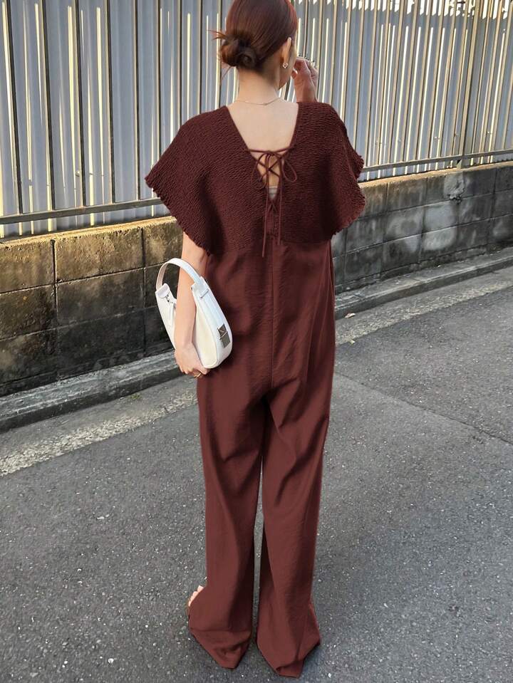 CM-JS624211 Women Trendy Bohemian Style V-Neck With Drawstring Jumpsuit Trousers - Redwood