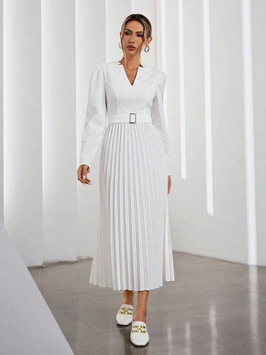 CM-DS437355 Women Elegant Seoul Style V-Neck Long Sleeve Waist Tie Pleated Hem Dress - White