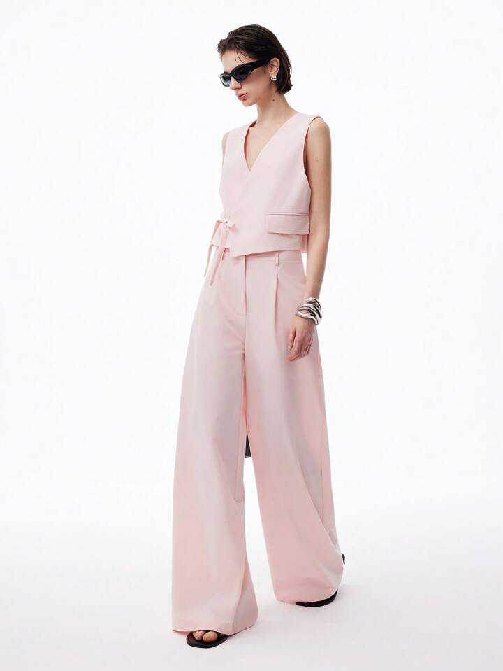 CM-SS262320 Women Casual Seoul Style V-Neck Sleeveless Tie-Waist Asymmetric Placket Vest With Wide-Leg Pants - Set