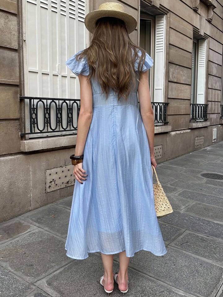 CM-DS339166 Women Casual Seoul Style V-Neck Ruffle Sleeve Pleated High Waist A-Line Dress - Blue