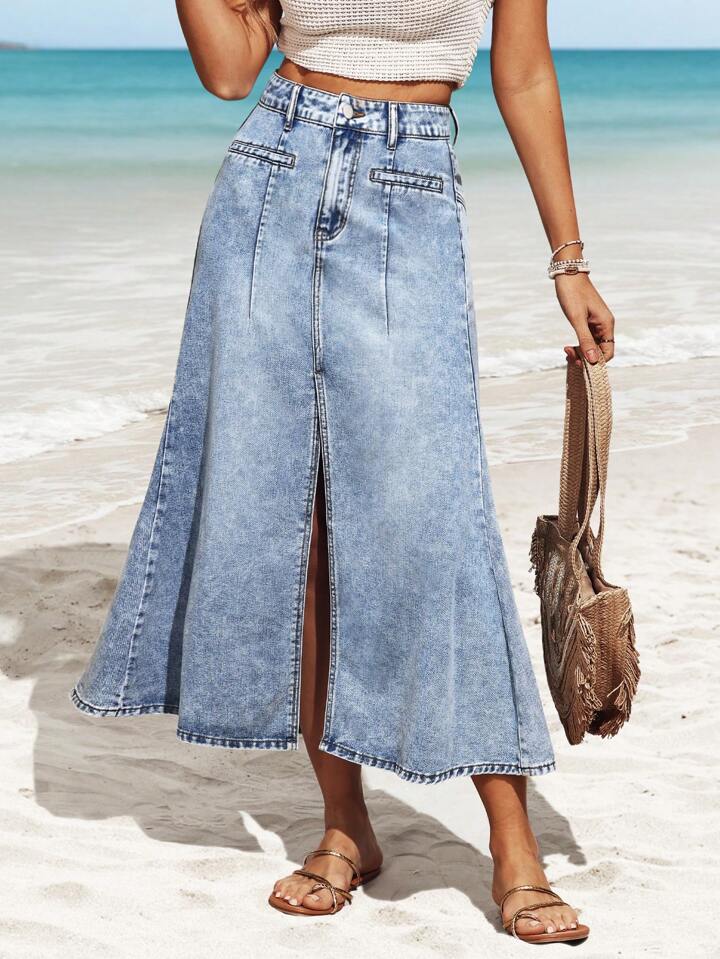 CM-BS573153 Women Casual Seoul Style Washed Asymmetrical Slit Fishtail Denim Skirt - Blue
