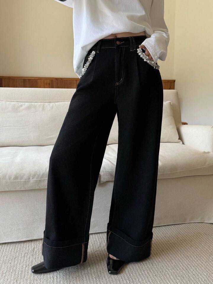 CM-BS337303 Women Casual Seoul Style Ribbon Decorative Pockets High Waist Extra Long Wide Leg Jeans - Black