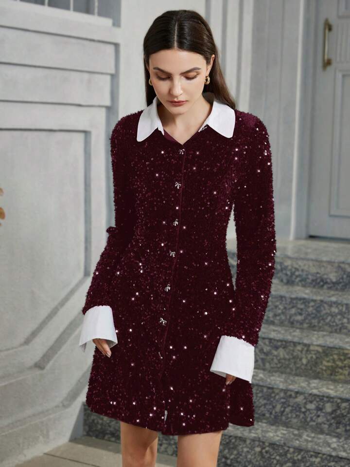 CM-DS117007 Women Elegant Seoul Style Sequin Patchwork Colorblock Shirt Collar Long Sleeve Midi Dress