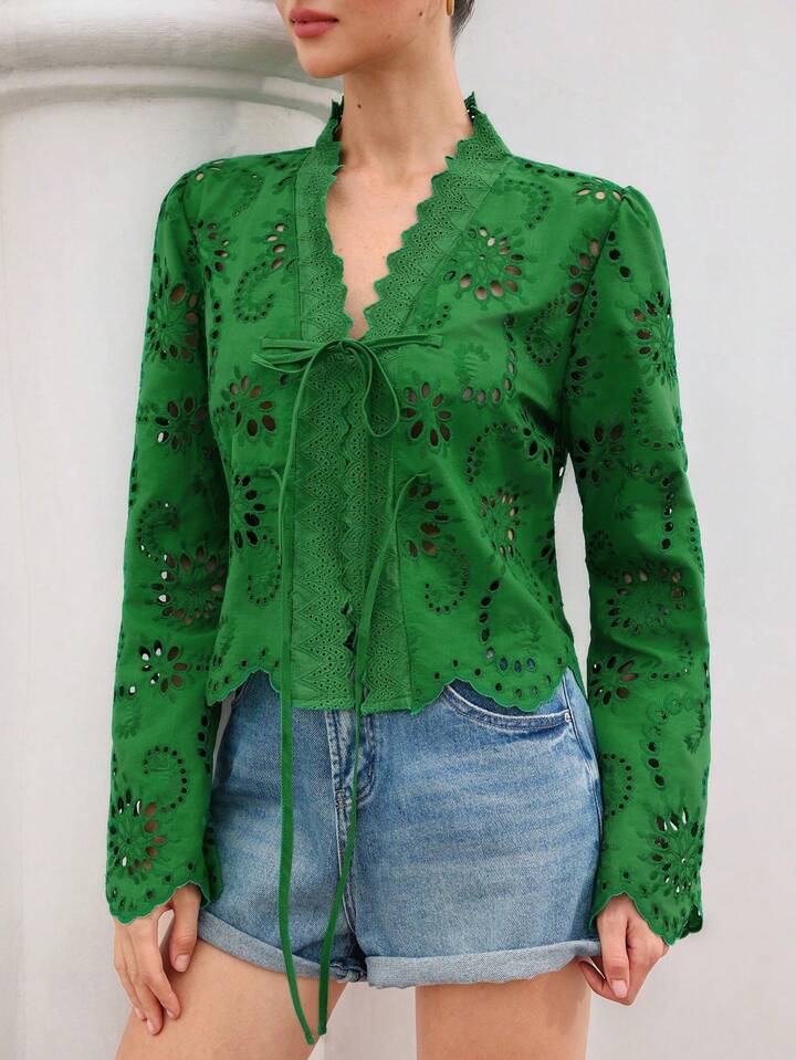 CM-TS773273 Women Trendy Bohemian Style Bowknot Tie Frayed Hem Embroidered Loose Long Sleeve Blouse - Green